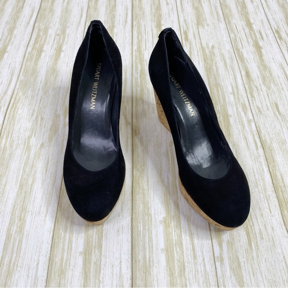 Stuart Weitzman Black Suede Logoyork Wedge Pumps - Picture 3 of 12